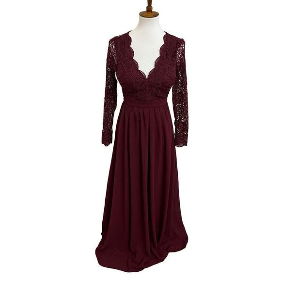 Lulus Awaken My Love Long Sleeve Lace Maxi Dress Burgundy Size Small - Picture 3 of 8